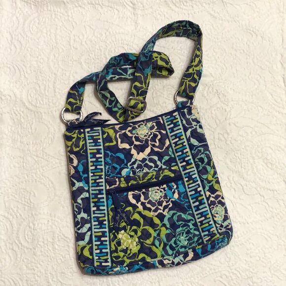 Vera Bradley Crossbody Purse Blue with Green Silver Tone Hardware - Picture 1 of 14